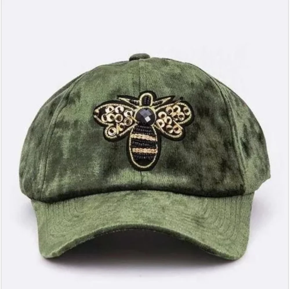 J. Elise Boutique Burgundy Golden Bee Patch Distressed Velour Velvet Fitted Cap